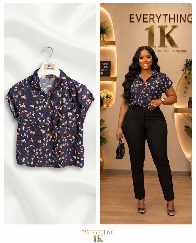 Casual Navy Blue Multi-Color Floral Short-Sleeve Button-Down Blouse