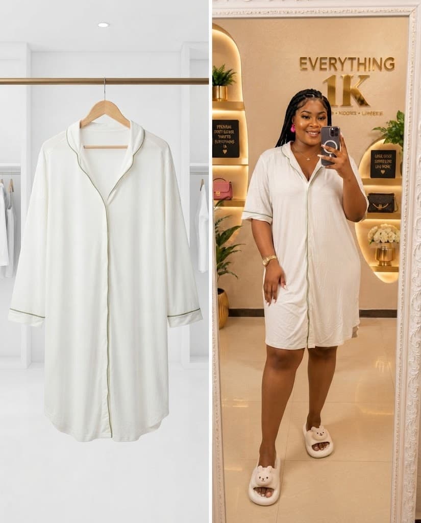 Off-White Sleepwear/Night gown Long-Sleeve Shirt Dress with Green Piping