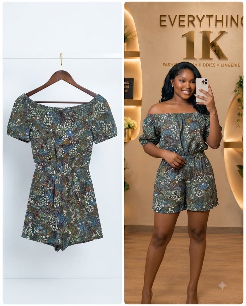 Forest Green Off-Shoulder Floral Romper