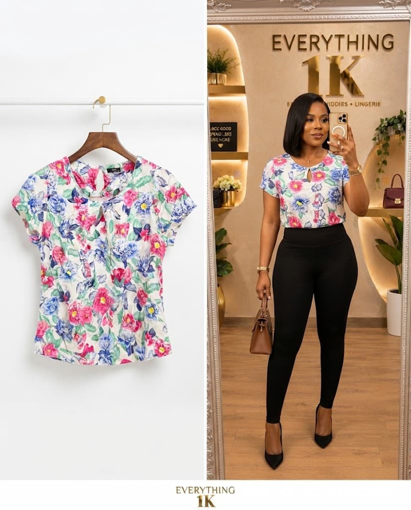 Corporate/Casual White and Multi-Color Floral Short-Sleeve Keyhole Blouse