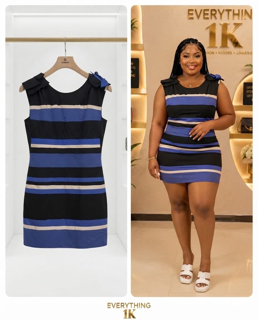 Black & Blue Striped Mini Dress with Shoulder Bows