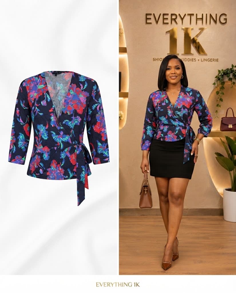 Casual Navy Blue Floral Wrap Peplum Blouse