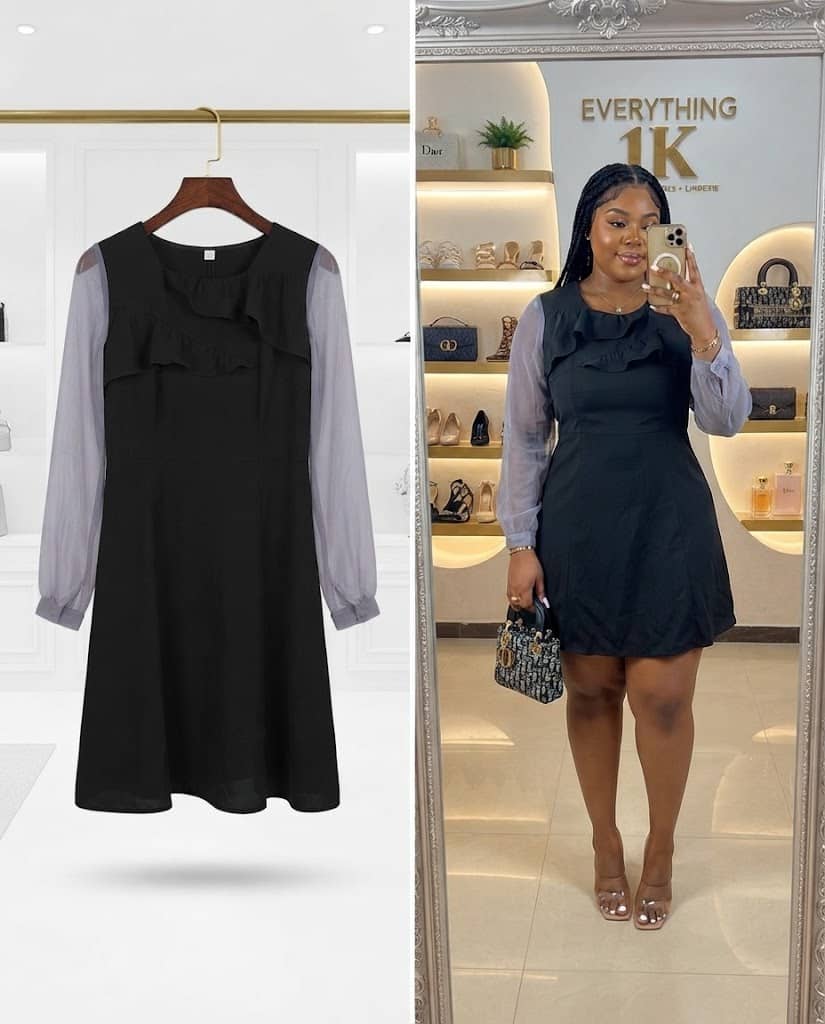 Black Dress with Sheer Grey Sleeves and Ruffles