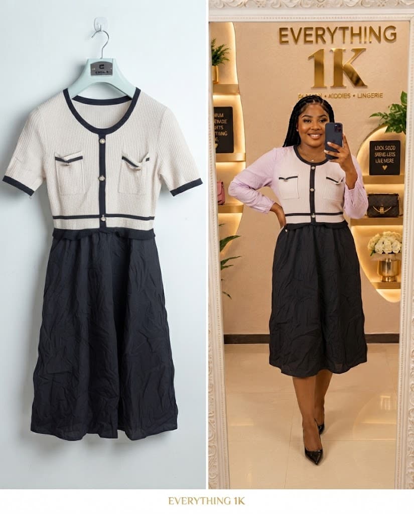 Beige Knit Top and Black Midi Dress Set