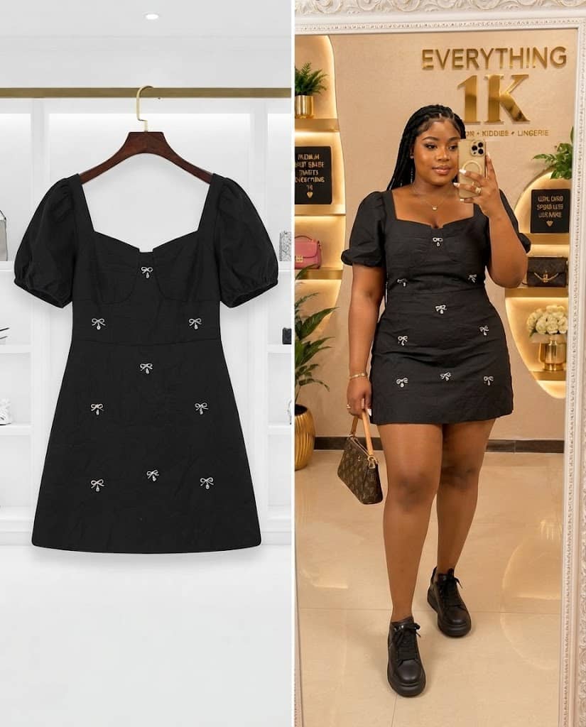 Black Square-Neck Bow-Embellished Skater Dress