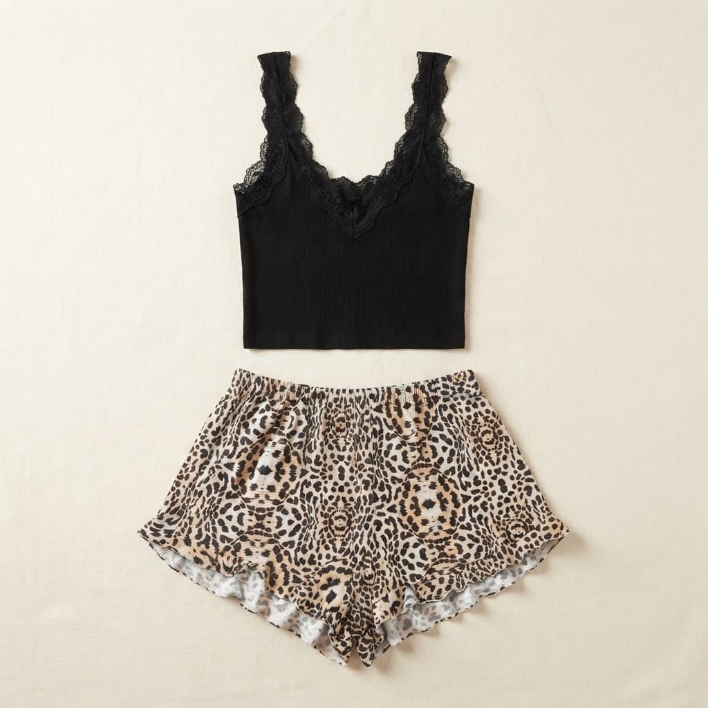 Black Lace Cami & Leopard Ruffle Shorts Set