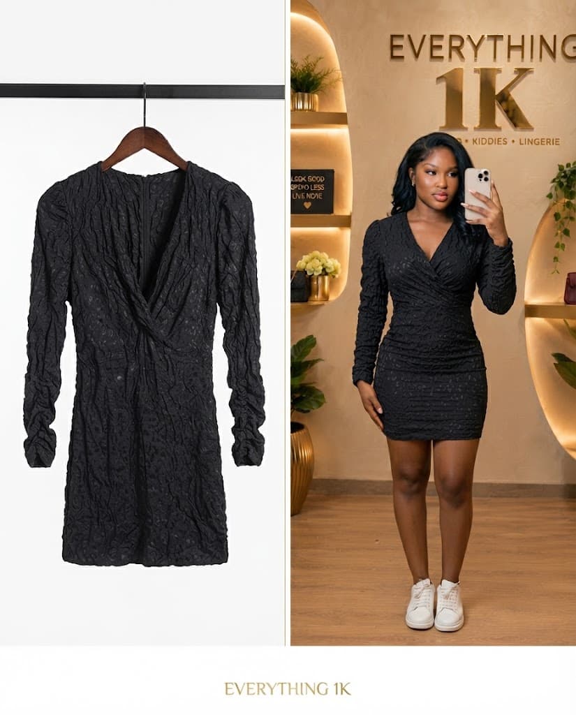 Textured Black Wrap-Style Long Sleeve Mini Dress