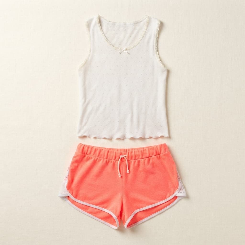 White Pointelle Tank & Neon Coral Mesh-Trim Shorts Set
