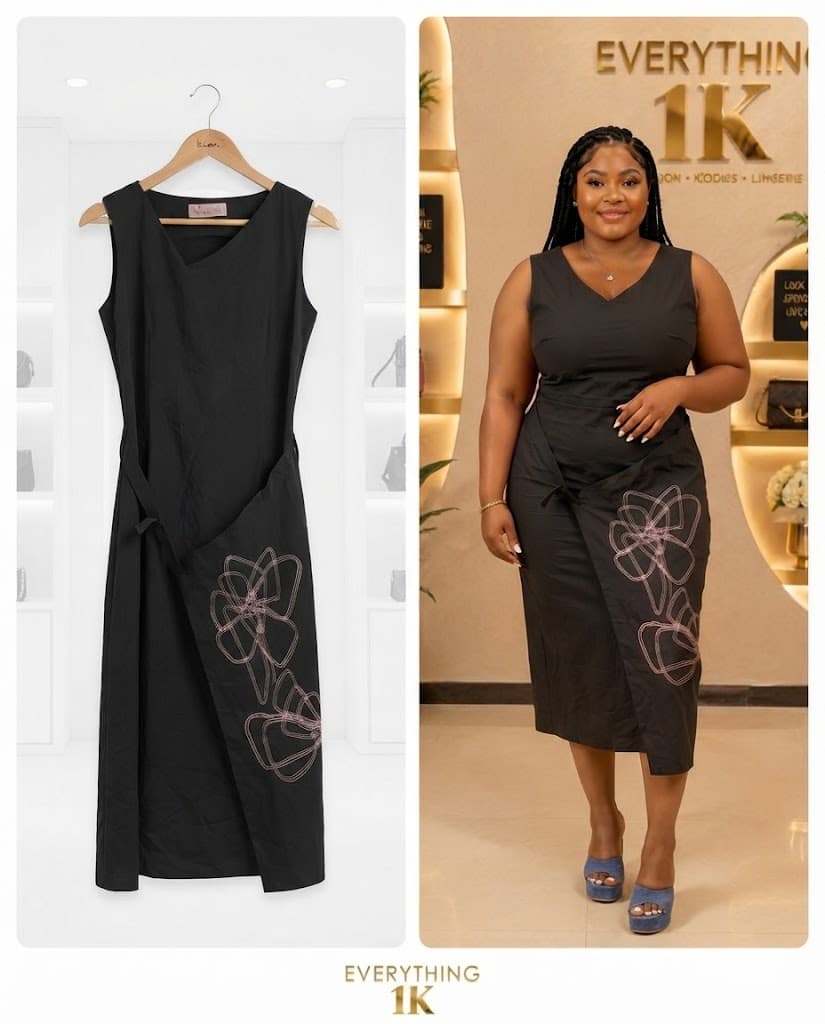 Black Sleeveless Midi Dress with Pink Floral Accent