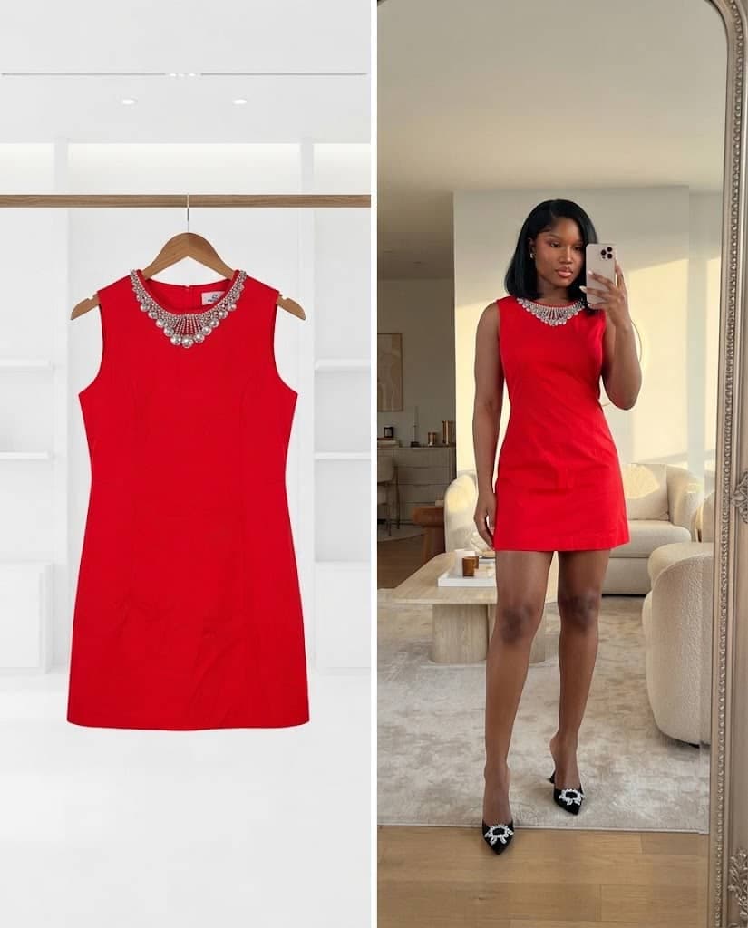 Red Sleeveless Mini Dress With Crystal Beaded Collar
