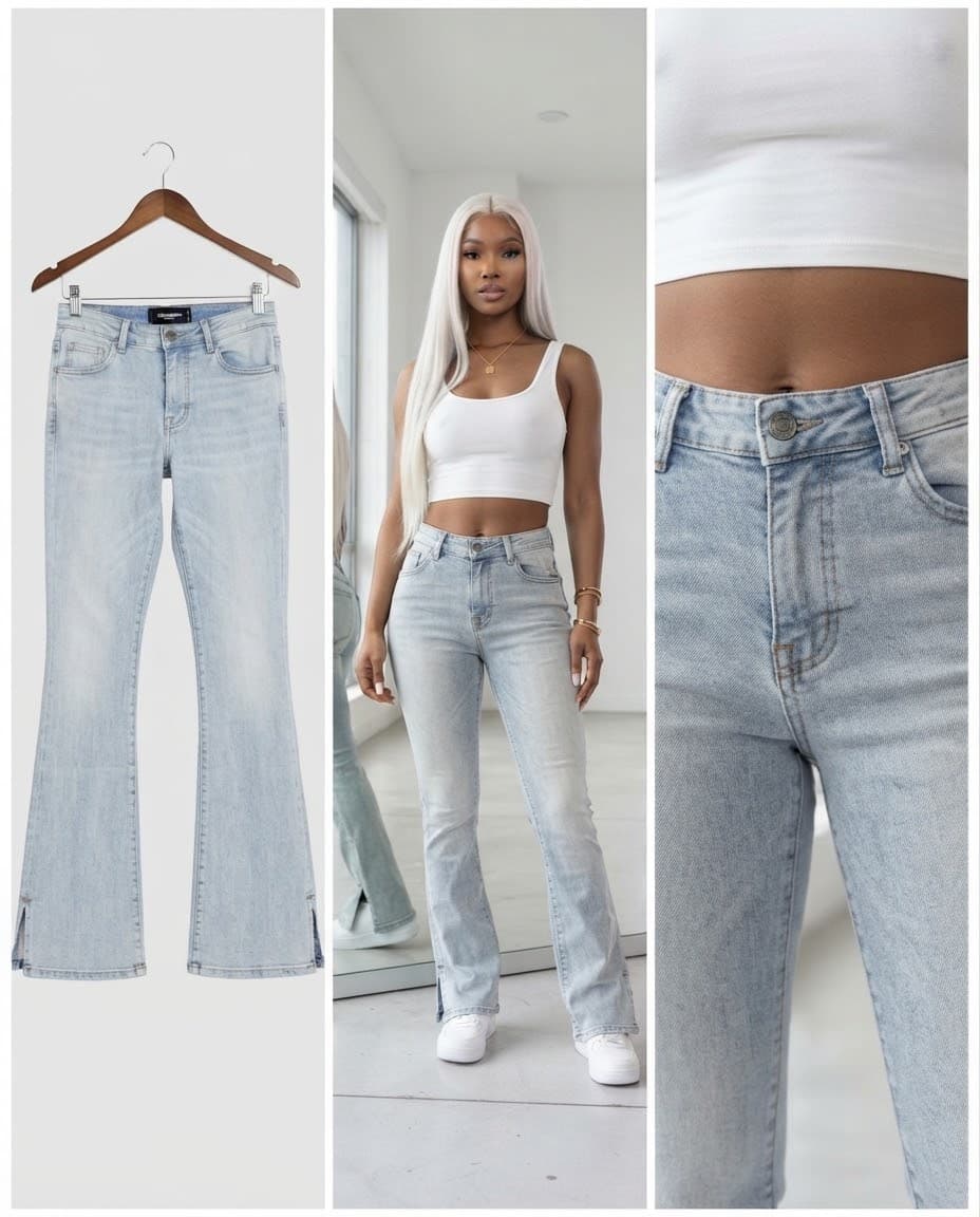 Light Wash Flared Jeans with Ankle Slits 26