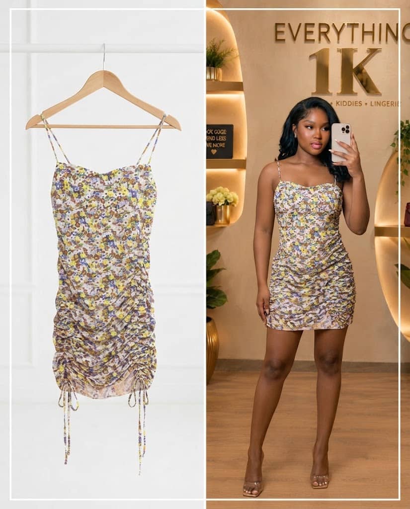 Multi-Color Floral Sheer Ruched Drawstring Mini Dress