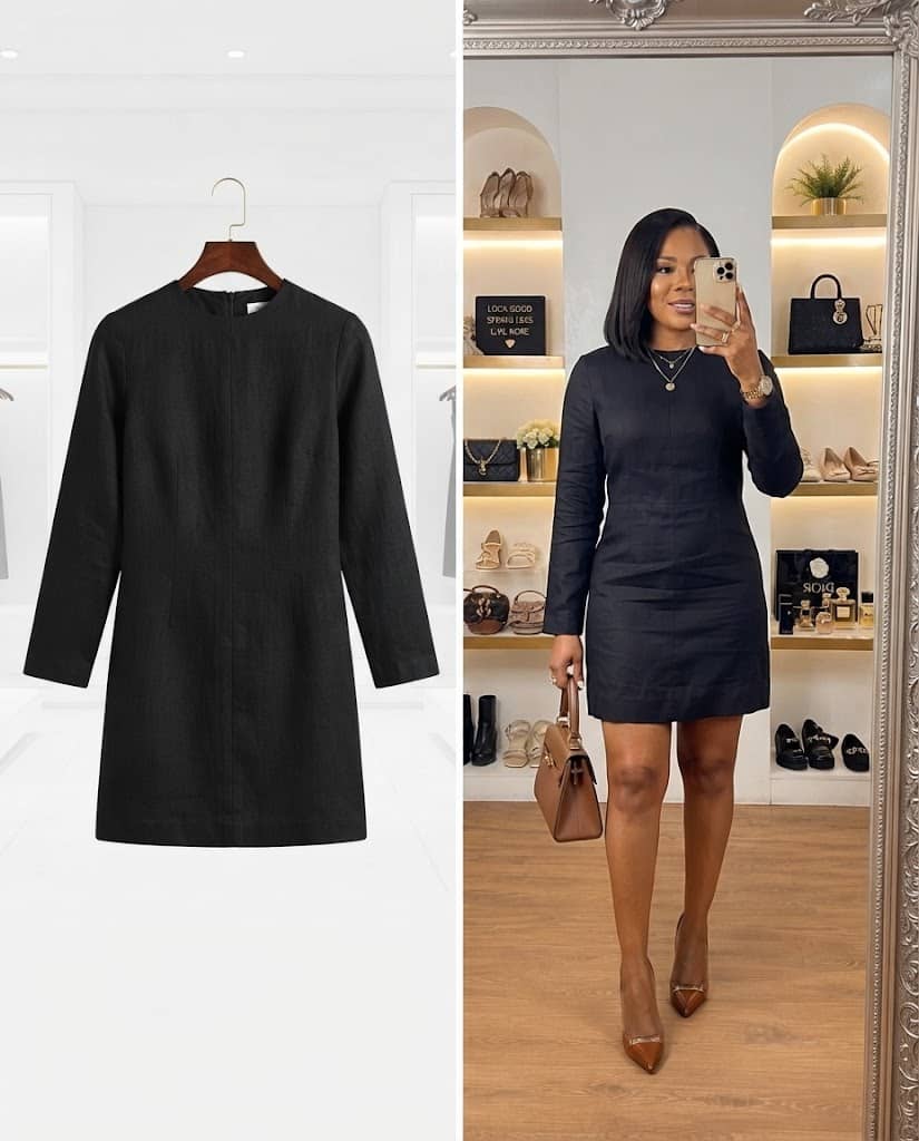 Minimalist Black Long-Sleeve Mini Shift Dress