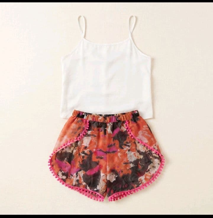 White Cami & Abstract Print Chiffon Shorts Set