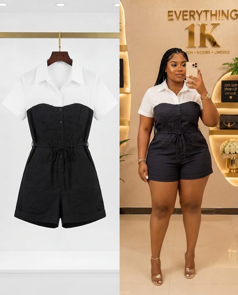 Two-Tone White and Black Collared Romper