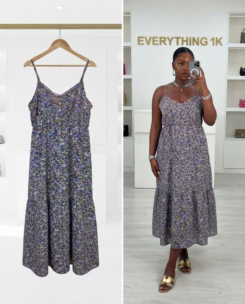 Purple Floral Tiered Midi Dress