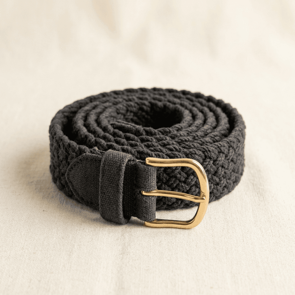 Dark Grey Woven Rope Belt with Gold-Tone Buckle Pin