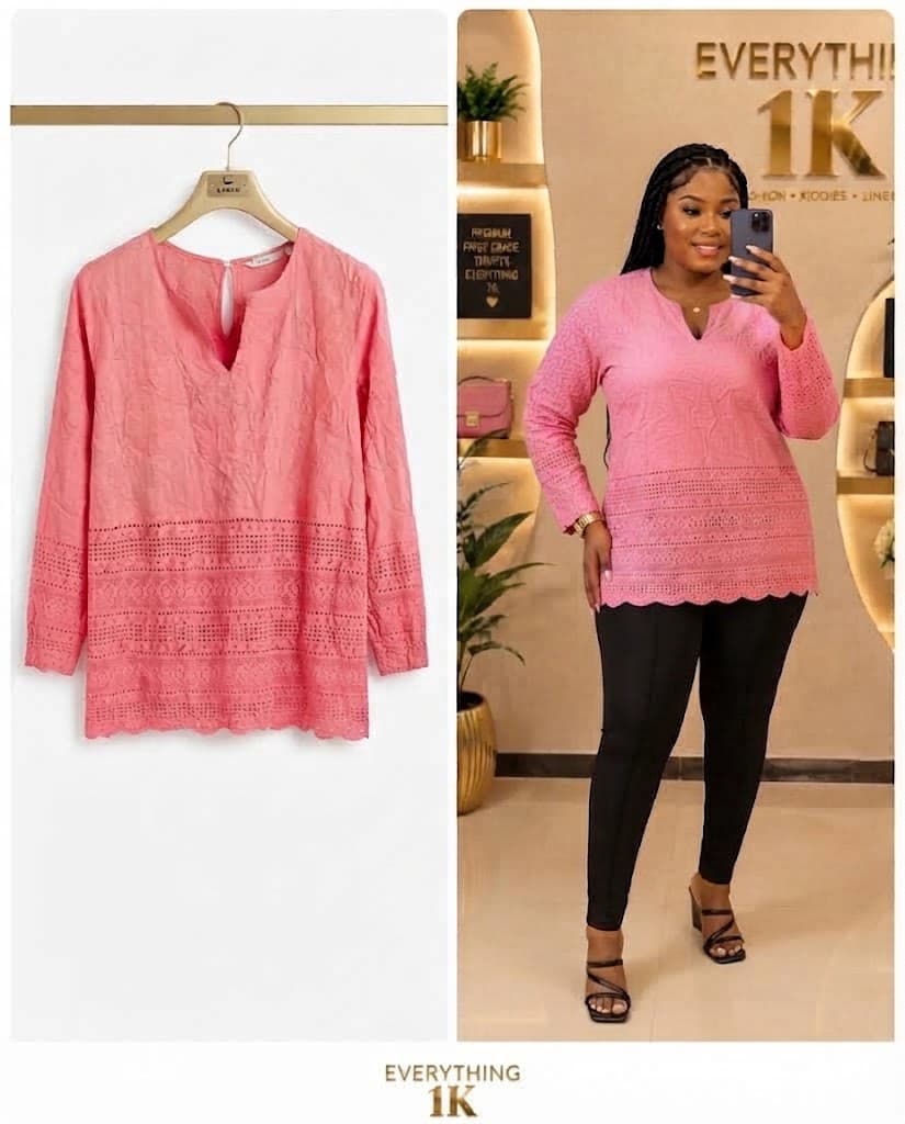 Casual Pink Long-Sleeve Embroidered Hem Tunic Top