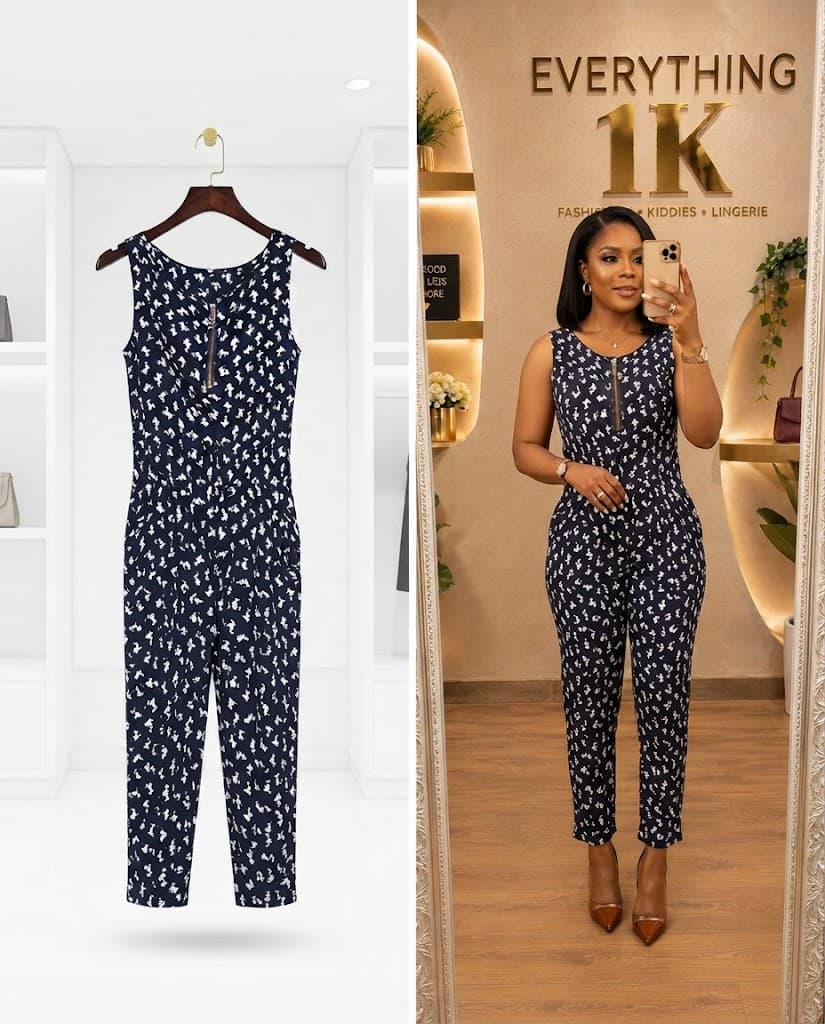Navy Blue Zipper-Front Floral Print Jumpsuit