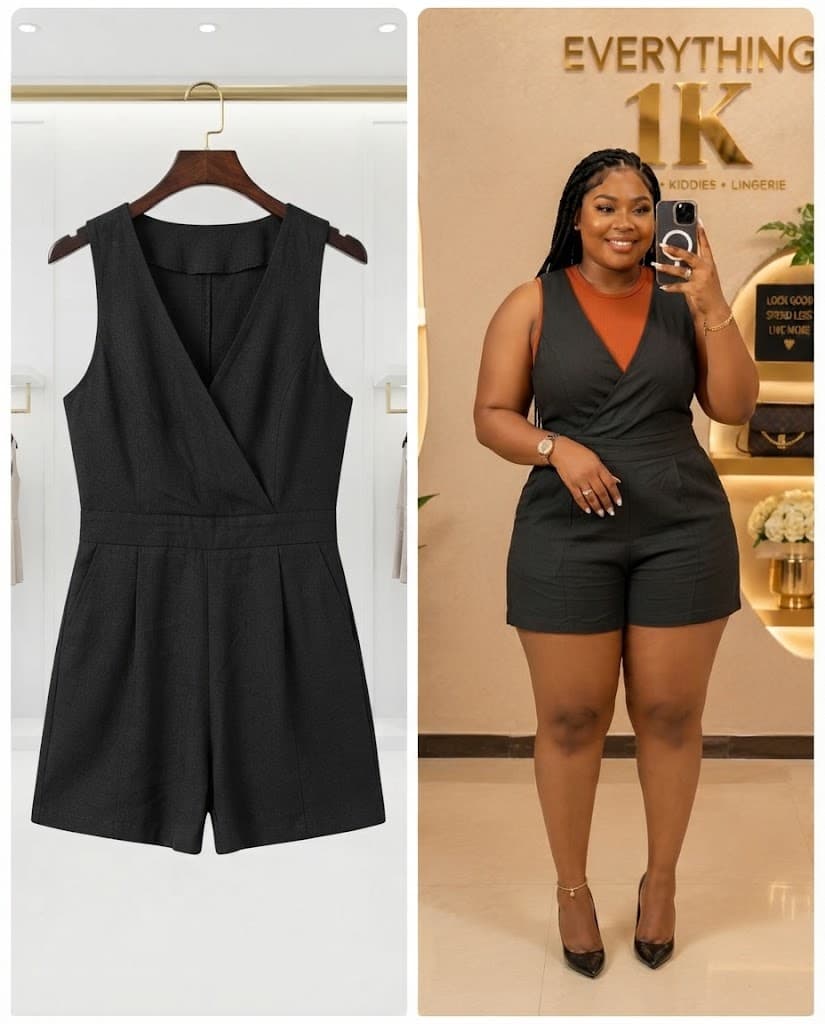 Black V-Neck Vest-Style Shorts Jumpsuit