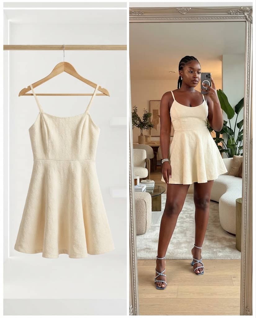 Cream Textured Square-Neck Skater Mini Dress