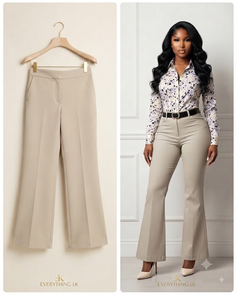 Ladies Beige Flare Tailored Trousers: High-Rise Casual Bootcut Pants