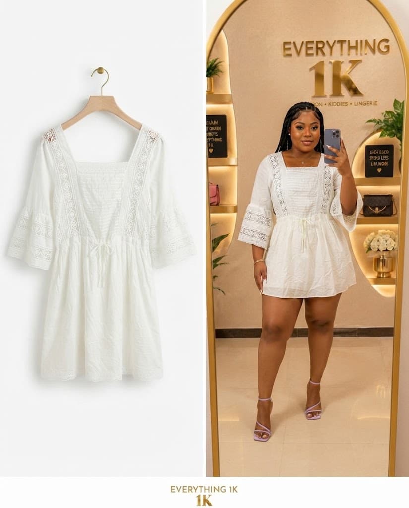 White Square-Neck Lace-Paneled Dress with Drawstring Waist