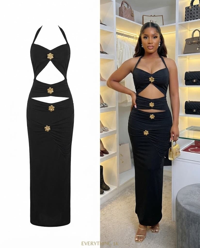 Black Halter Cutout Maxi Dress with Gold Accents