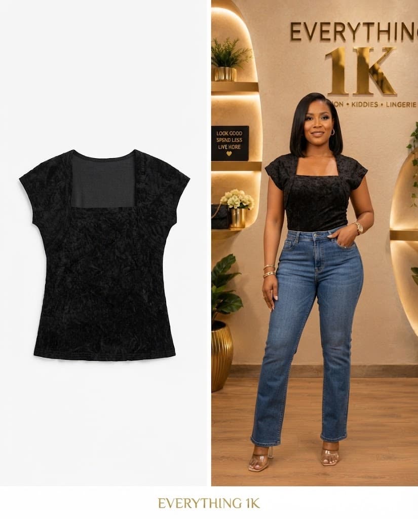 Black Velvet Square-Neck Short-Sleeve Top