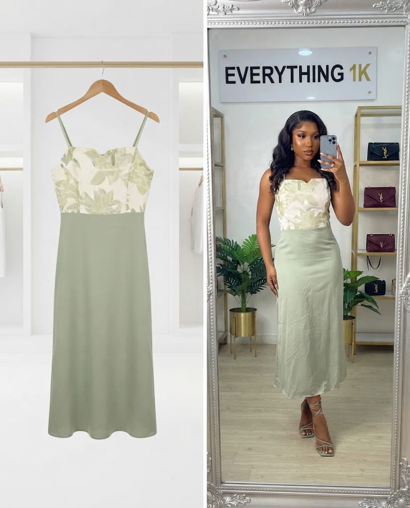 Sage Green and Cream Floral Strap Midi Dress