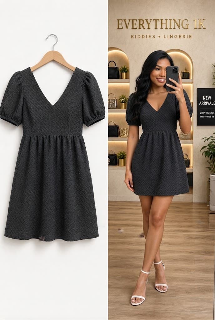 Dark Grey Textured V-Neck Puff Sleeve Party Dress