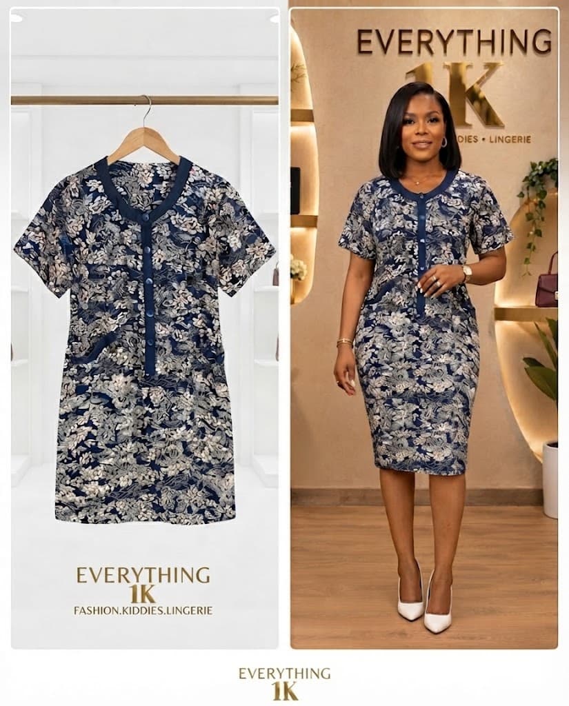 Navy Blue & Cream Floral Shirt Dress