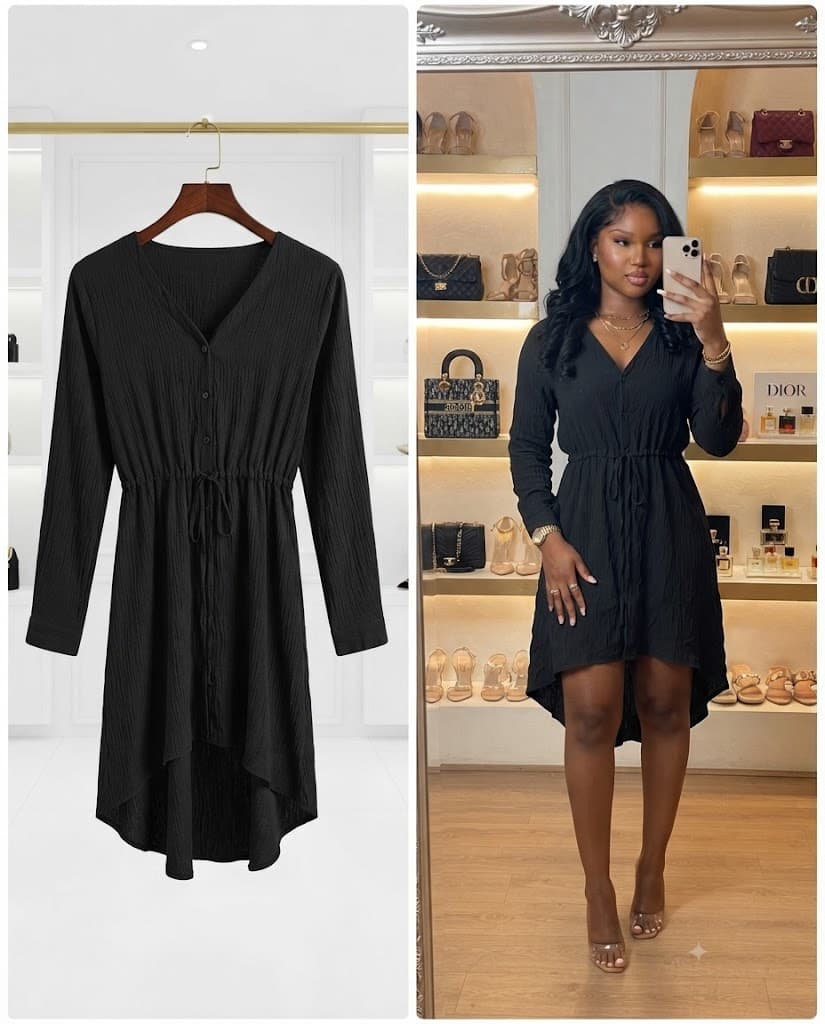 Black Crinkled High-Low Utility Shirtdress