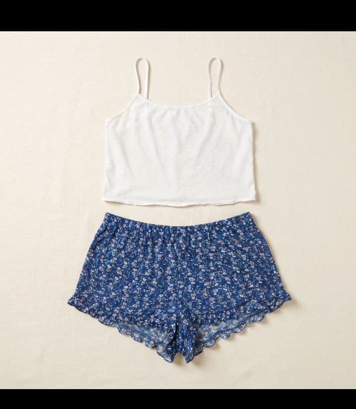 White Cami & Blue Floral Ruffle Shorts Set