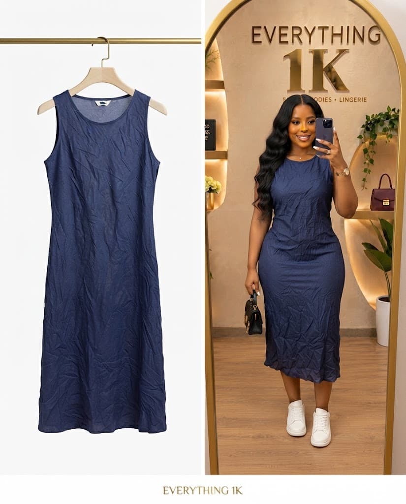 Navy Blue Textured Sleeveless Midi Dress