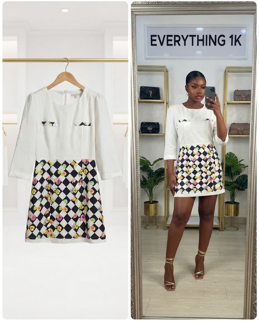 White and Black Corporate Checkered Floral Mini Dress