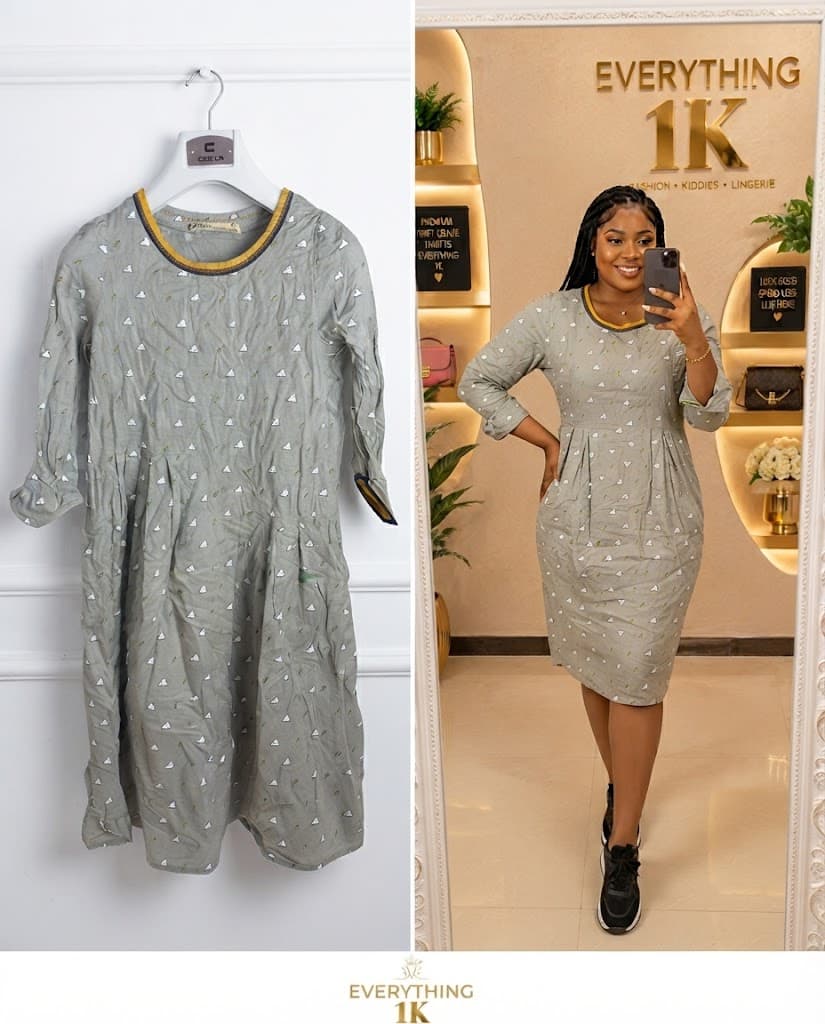 Sage Green Patterned Long-Sleeve Midi Dress