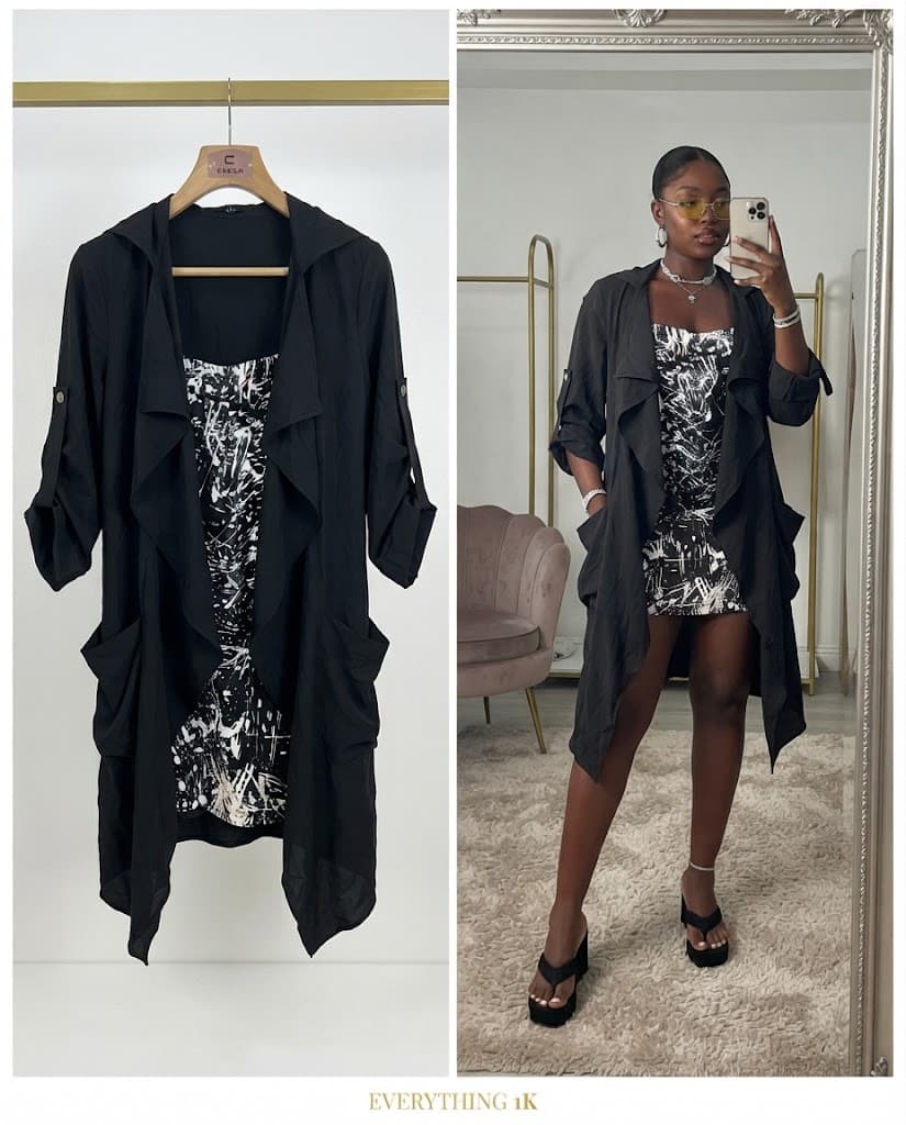 Black Abstract Print Mini Dress with Long Black Trench Coat