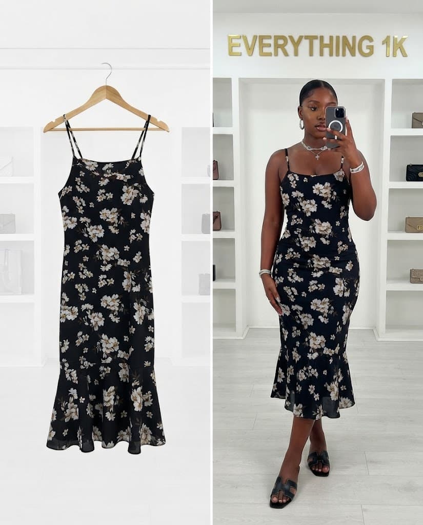 Black Floral Trumpet Hem Dress