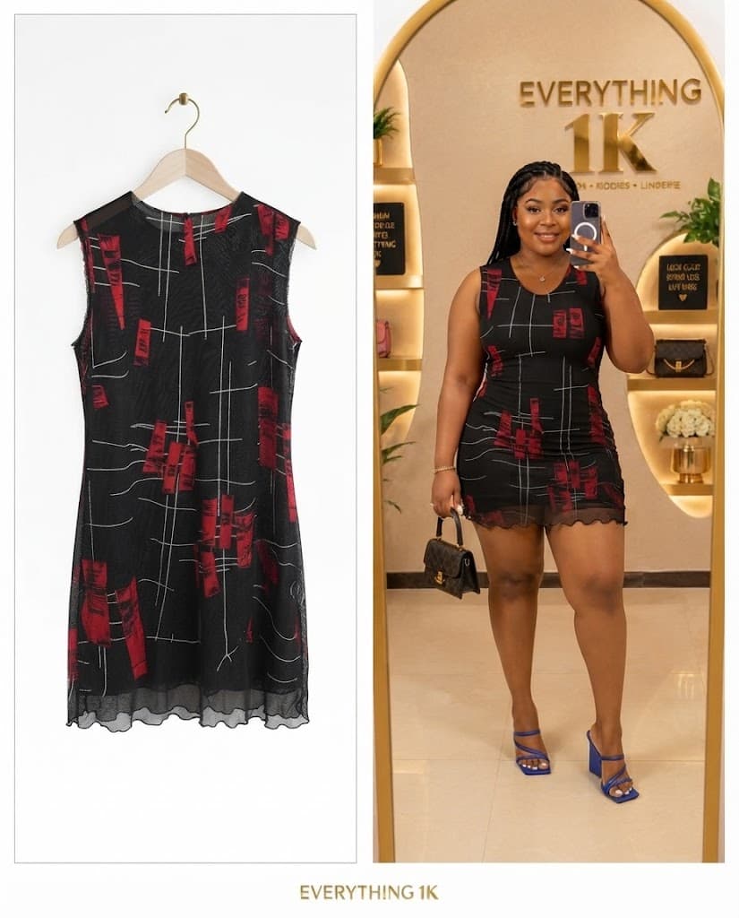 Black and Red Abstract Grid Mesh Mini Dress