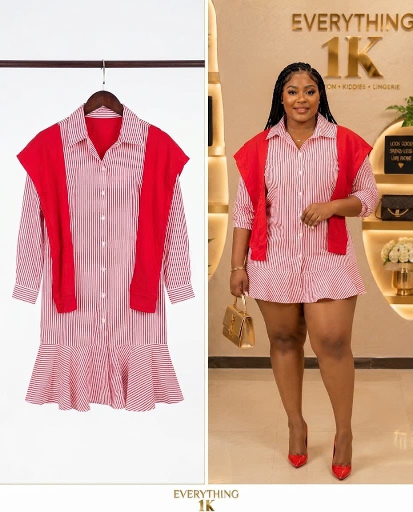 Red & White Striped Ruffle Shirt Dress