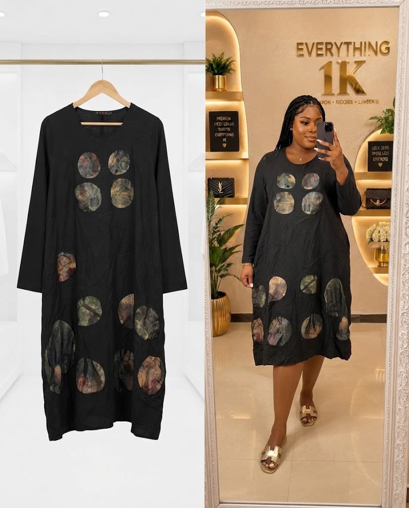 Black Graphic Circle Print T-Shirt casual Midi Dress