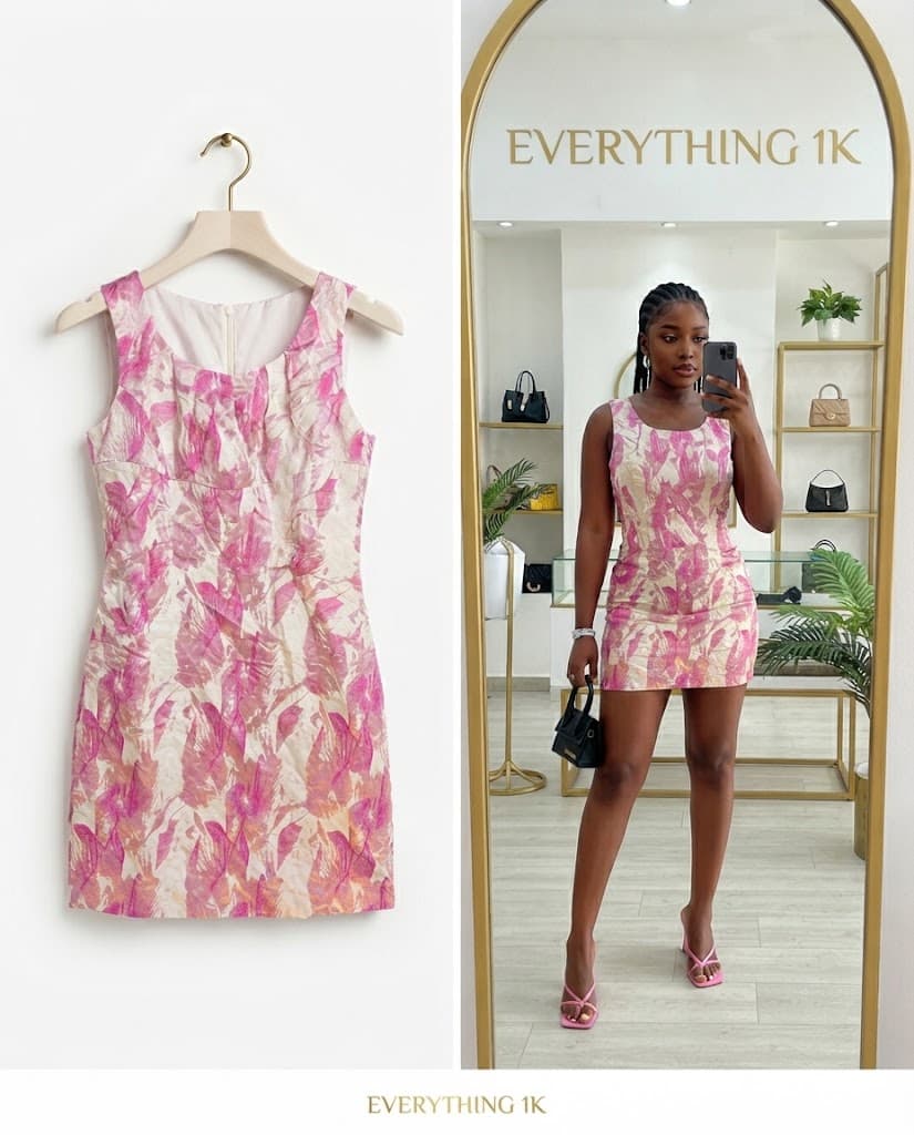 Pink and Cream Botanical Print Sleeveless Mini Dress