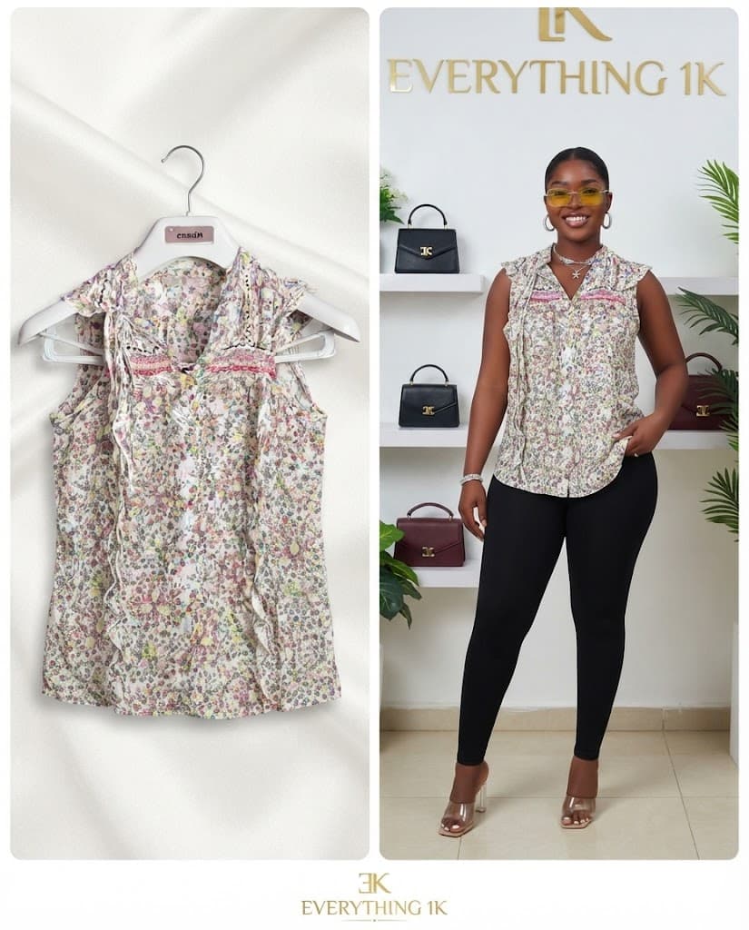 Casual Multi-Color Floral Ruffle-Trim Sleeveless Blouse