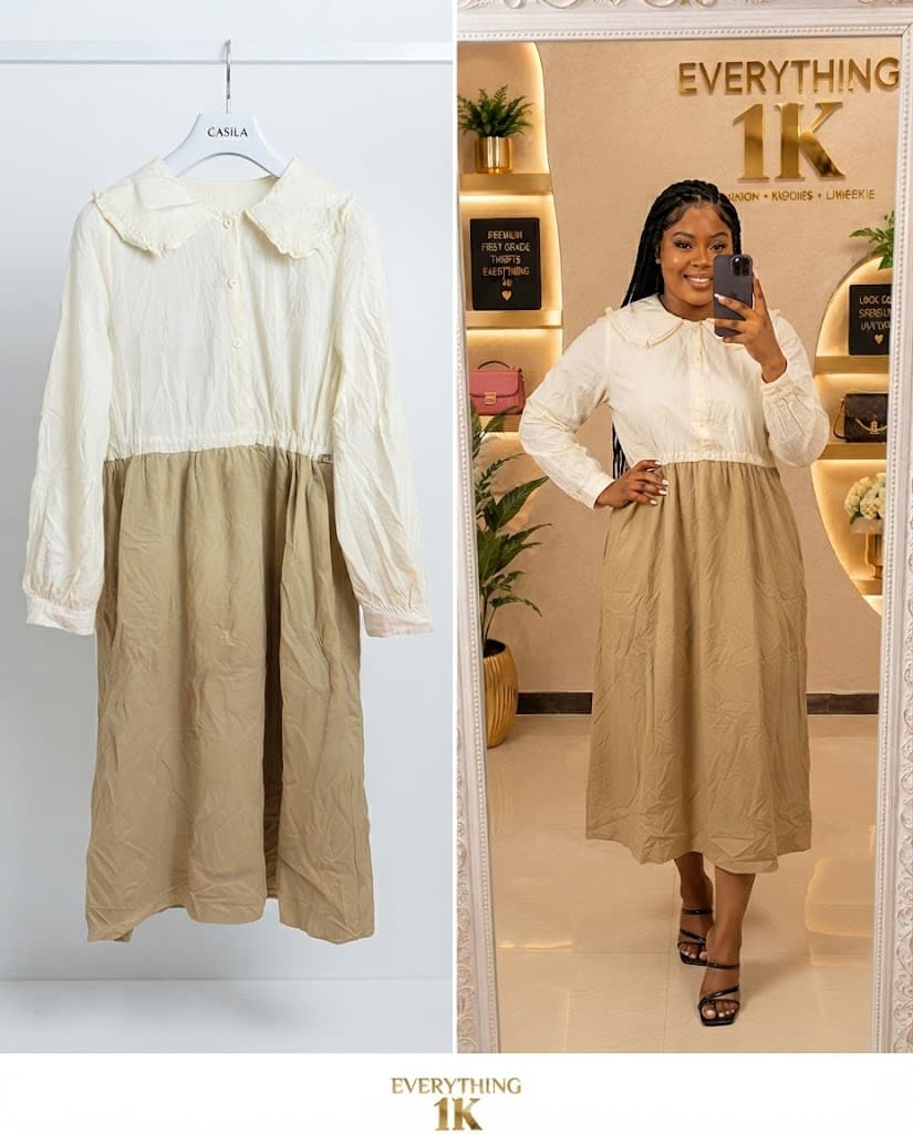 Cream and Taupe Two-Tone Peter Pan Collar Midi Dress