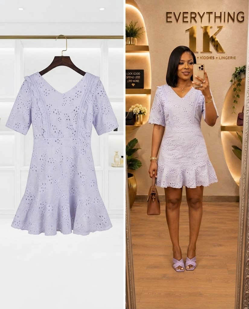 Lavender Eyelet Embroidered Ruffle-Hem Mini Dress