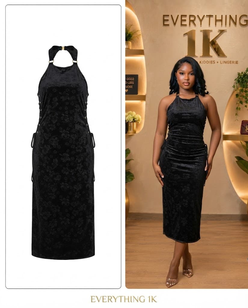 Black Floral Velvet Halter Midi Dress with Metal Rings