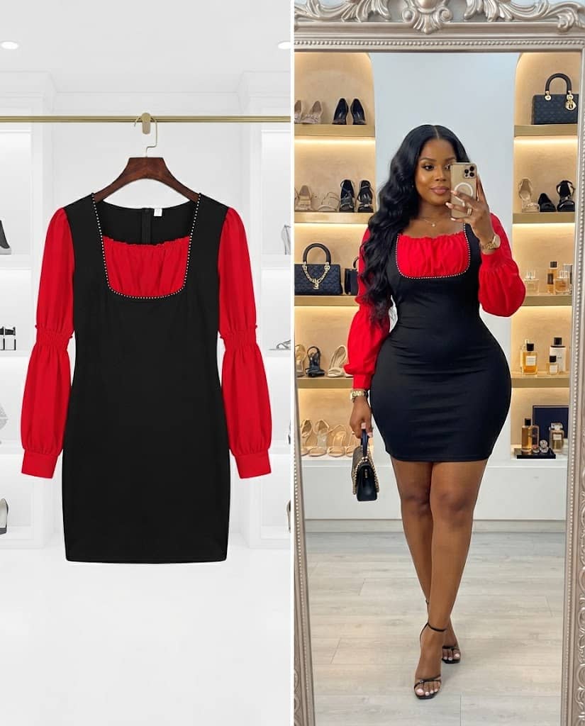 Black Bodycon Dress with Red Smocked Square Neck and Long Sleeves