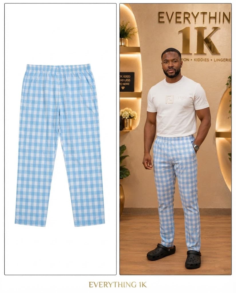 Sky Blue & White Gingham Men's Trousers