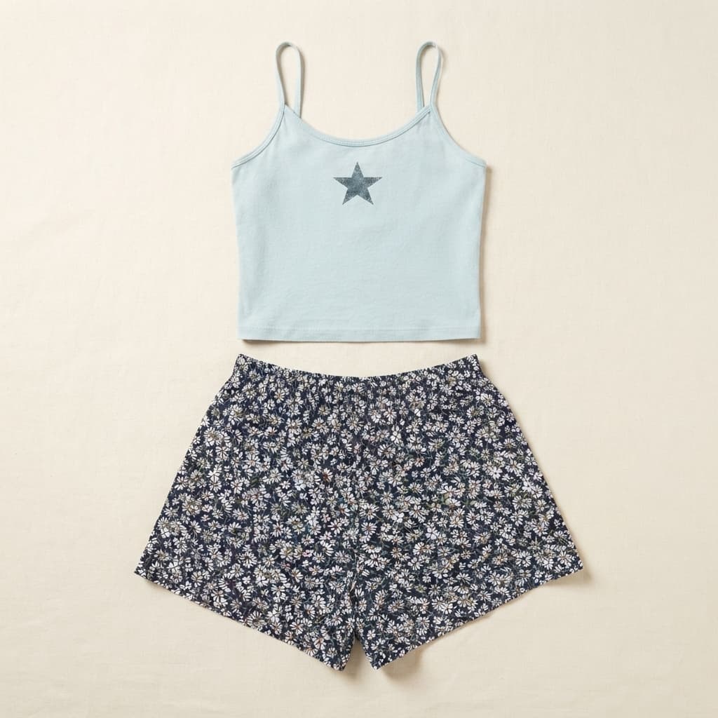 Light Blue Star Cami & Navy Floral Shorts Set